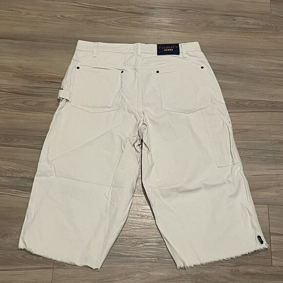 VTG  Tommy Jeans Work Workwear White Beige Fringe Distressed Sz 34 Knee Pocket - Picture 2 of 5